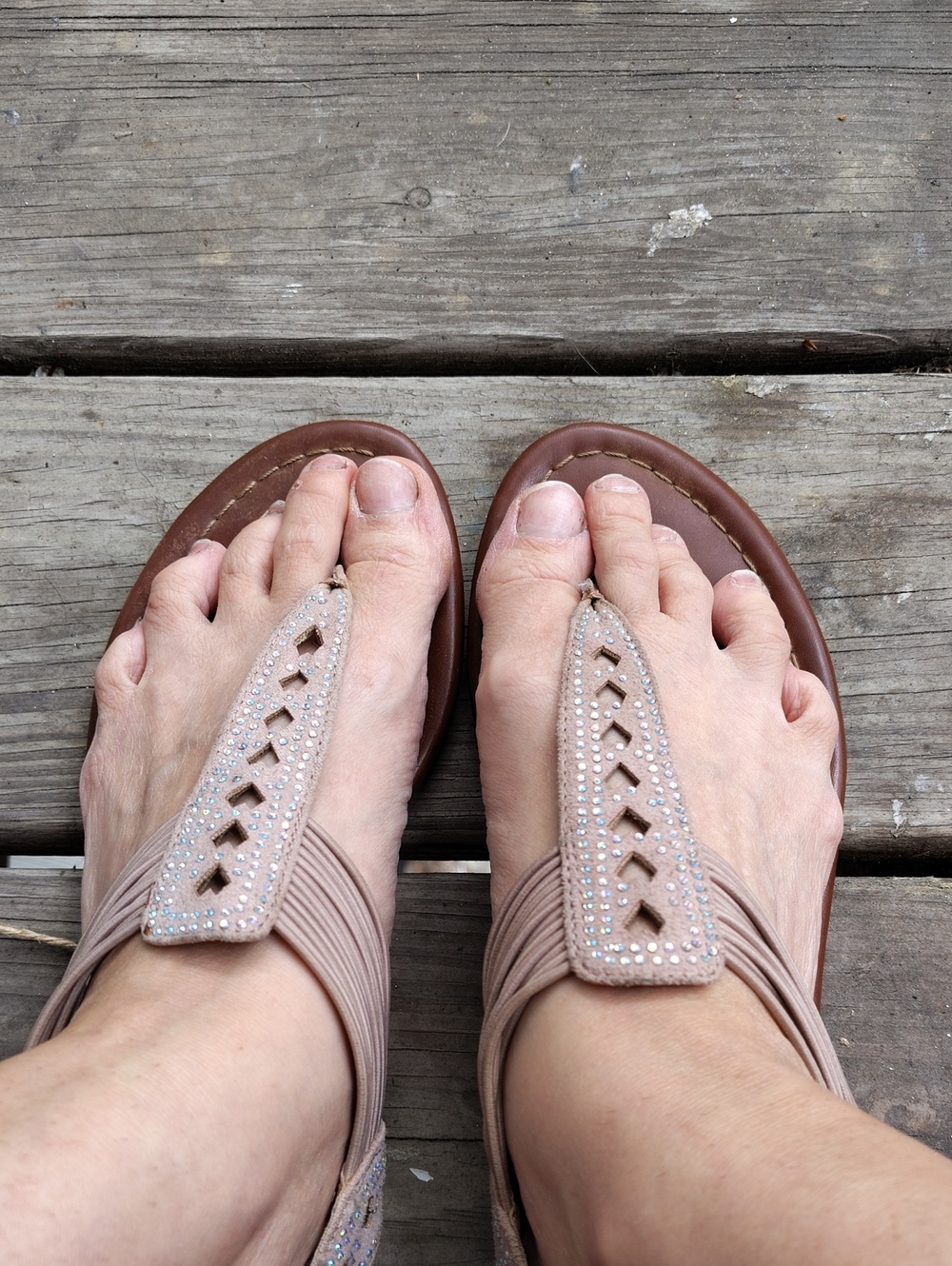 Massimo Taupe Rhinestone T-Strap Sandals